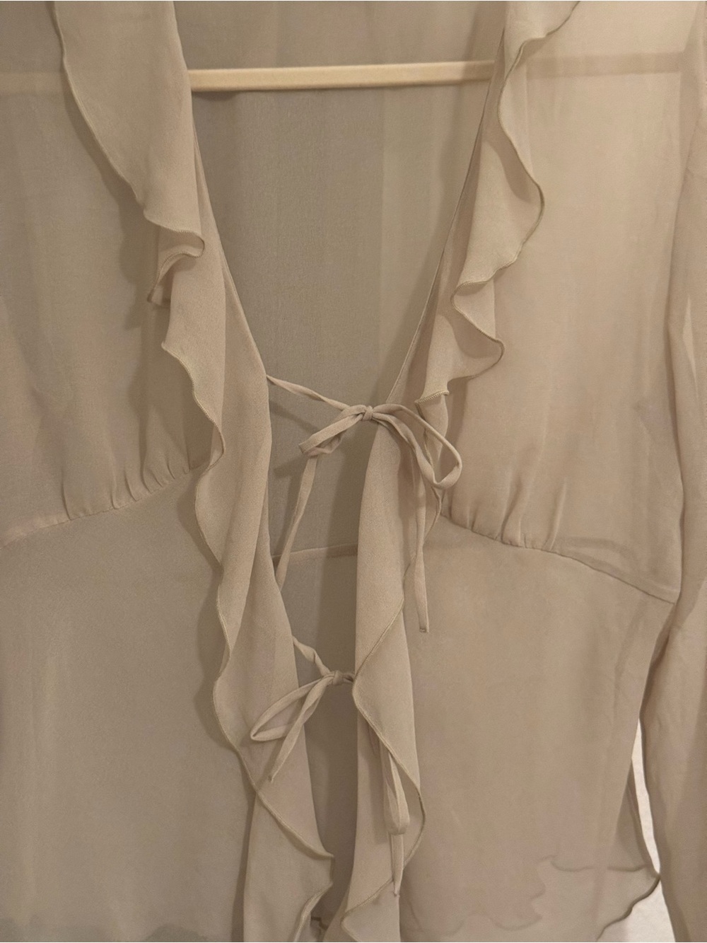 Aritzia Sheer Ruffle Tie-Front Blouse in Light Beige - Picture 2 of 2